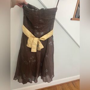Anthropologie Brown Floral Dress with Gold Accents